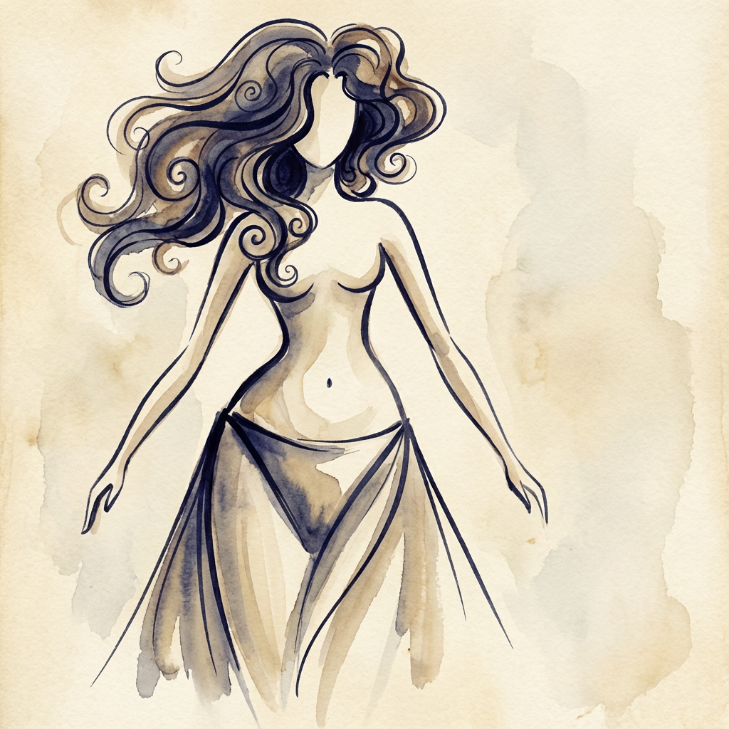 AI image generated of An abstract sketch of a person with long hair, wearing a dress, standing with arms out to the sides.