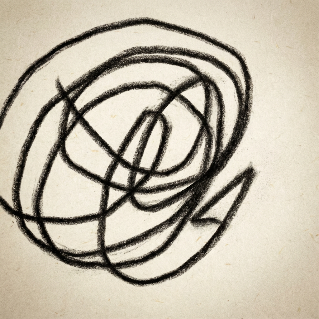 AI image generated of An abstract, thick black spiral doodle made of overlapping circular loops.