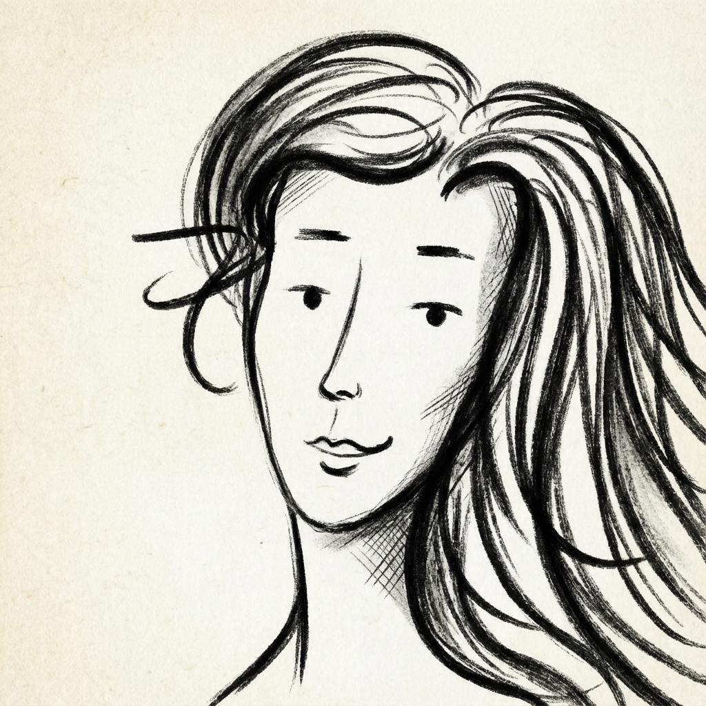 AI image generated of An abstract, childlike drawing of a person with a large head, simple facial features, long hair on the right, and bendy limbs.