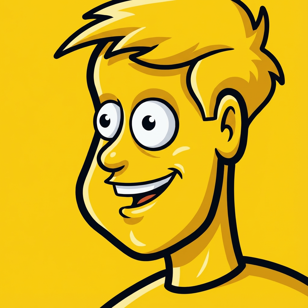 AI image generated of A bold, cartoonish portrait of a smiling man with oversized eyes and exaggerated features on a bright yellow background.