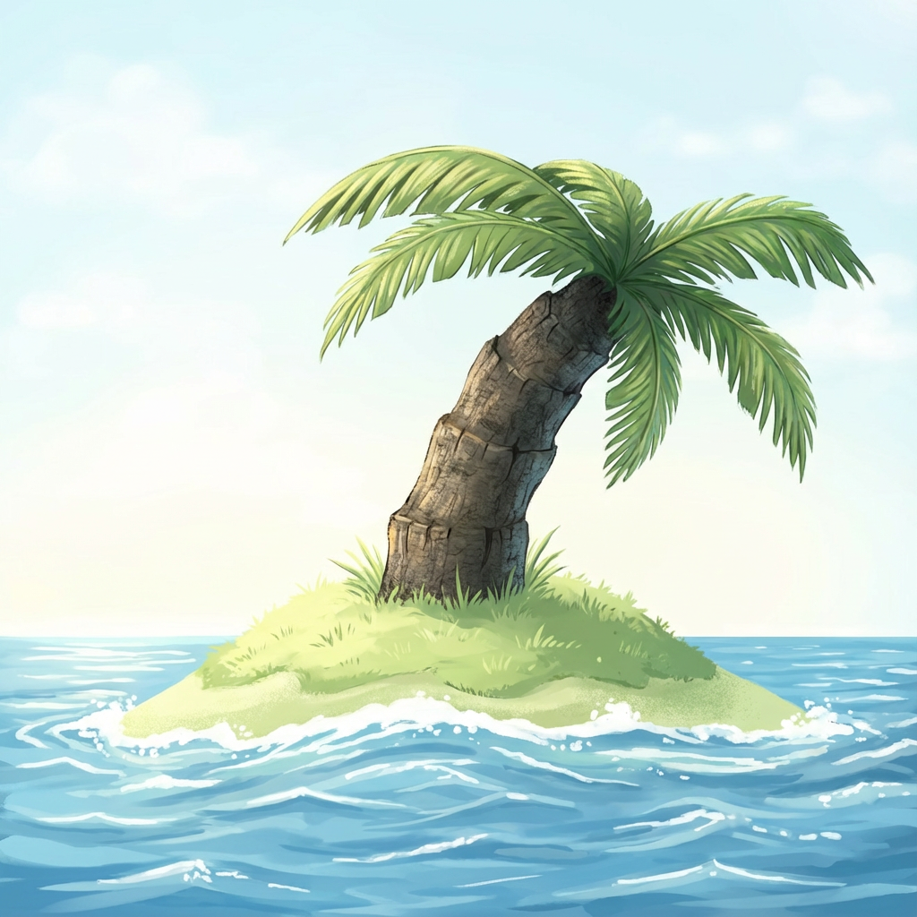 AI image generated of A small tropical island with a palm tree sits on a grassy mound, surrounded by blue water.