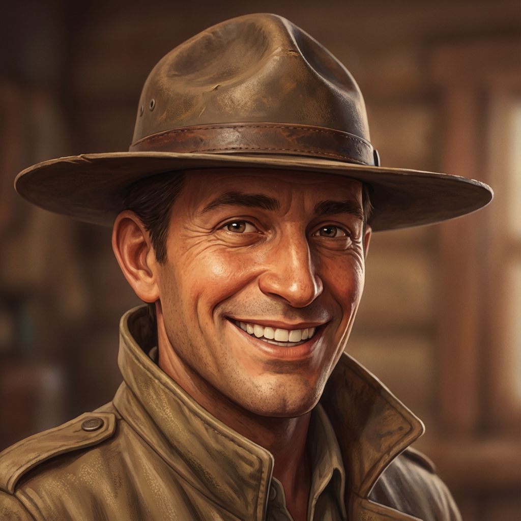 AI image generated of A cartoonish portrait of a person wearing a wide-brimmed hat with a big toothy grin.