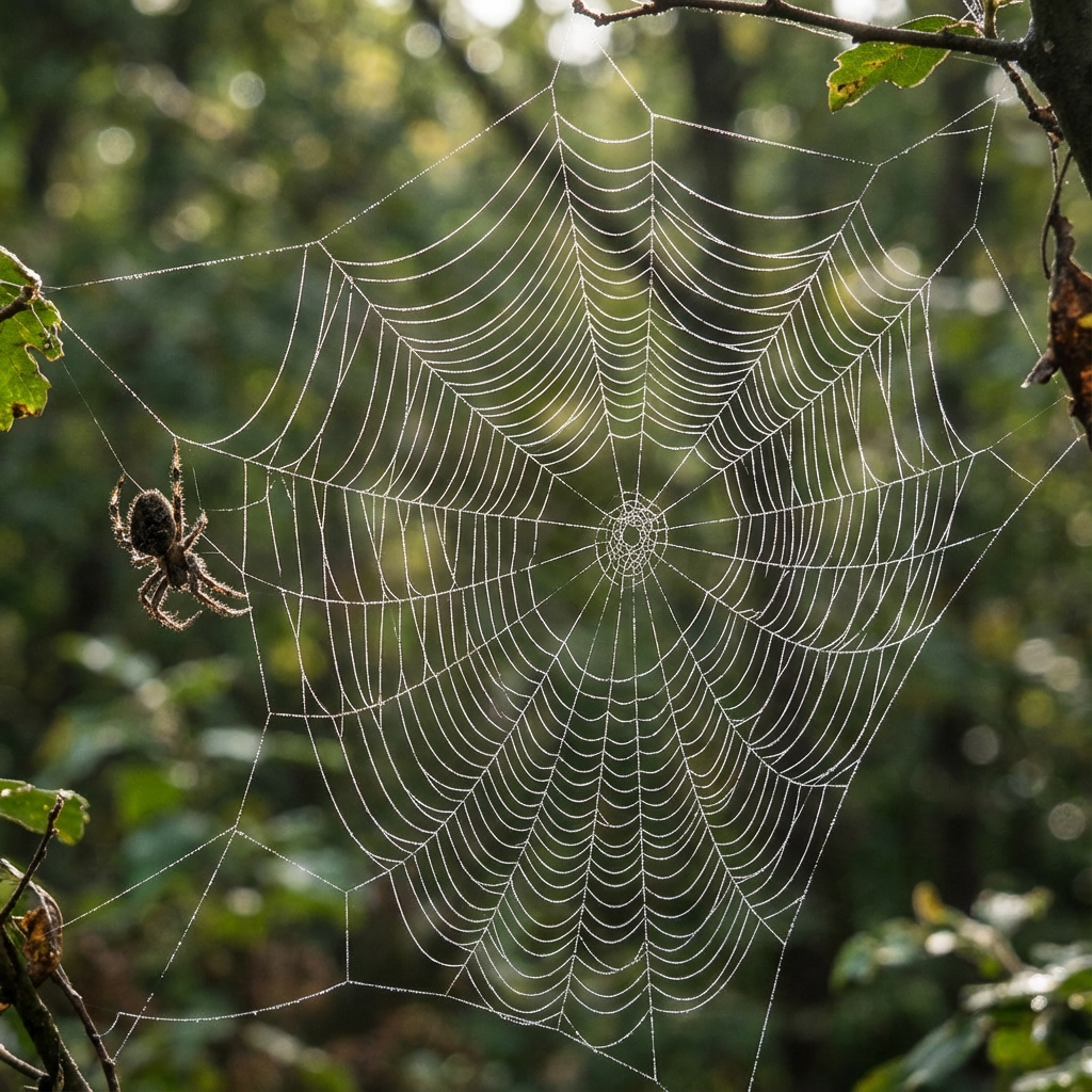 AI image generated of A spider web with a small spider hanging from the left side.