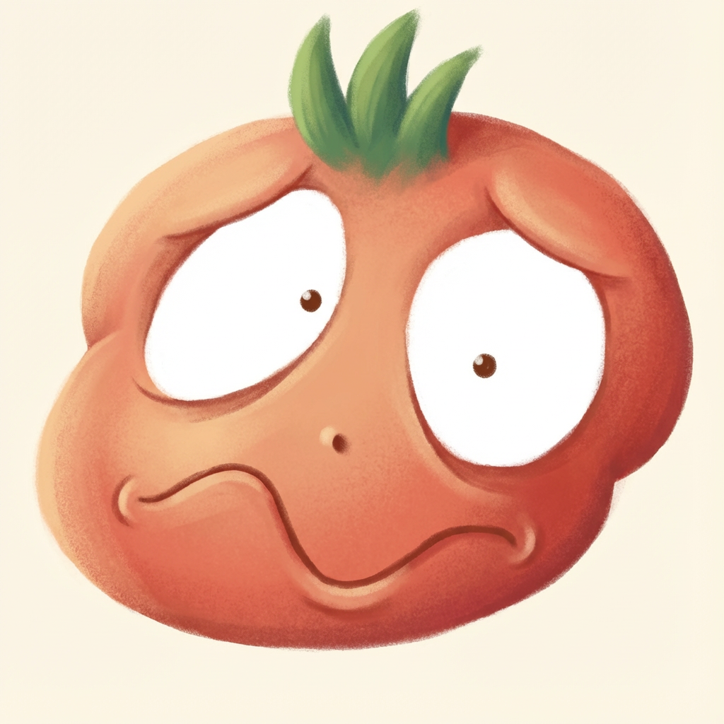 AI image generated of A red, round cartoon face with oversized eyes, a tiny nose, and a wavy mouth, giving a goofy/surprised expression.