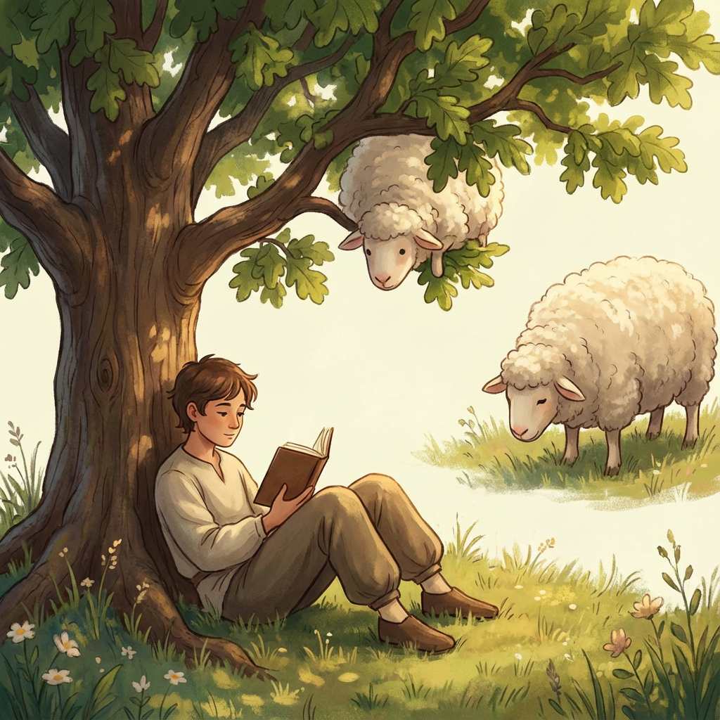 AI image generated of A person sits against a tree while three blob-like creatures hover nearby.