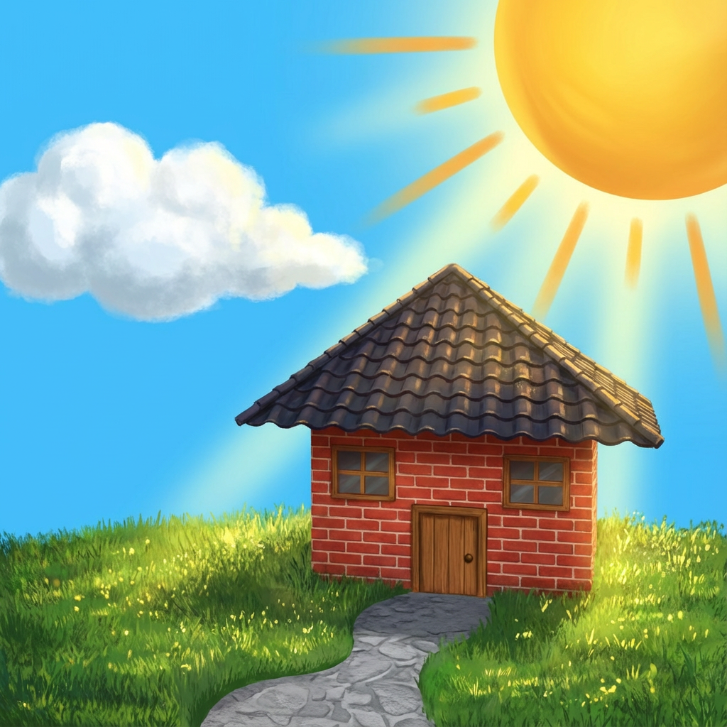 AI image generated of A simple childlike painting of a pink house with a black roof on a green field, a gray path to the door, a white cloud in a blue sky, and a bright yellow sun with rays.