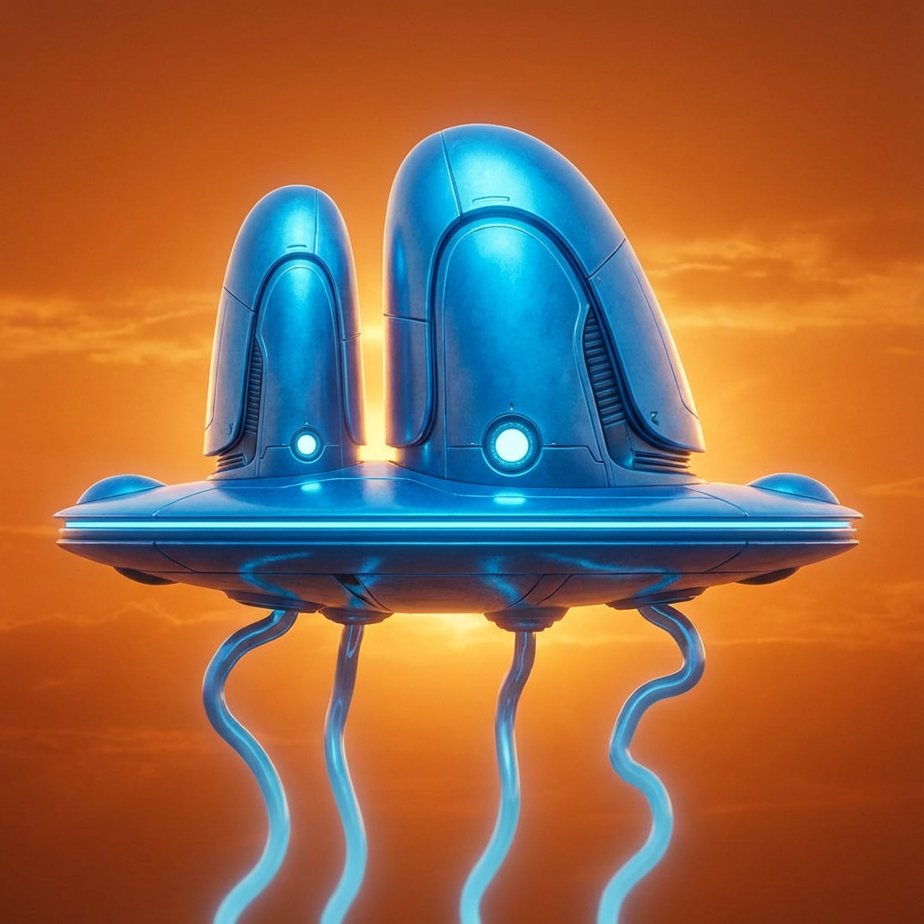 AI image generated of An abstract blue doodle on an orange background that resembles a person wearing a tall hat and standing on two legs.