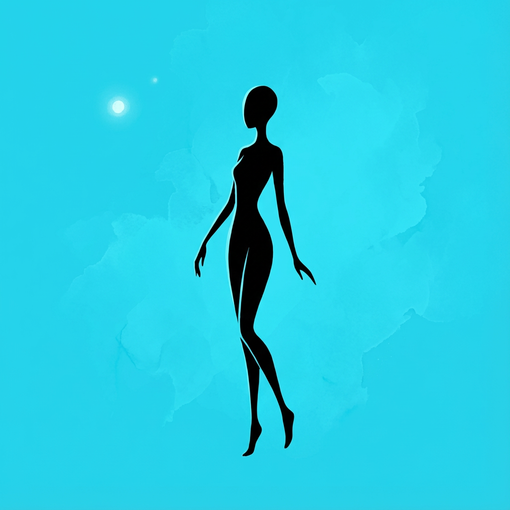 AI image generated of A simple black stick figure stands on a bright blue background, with a small black oval to its left.