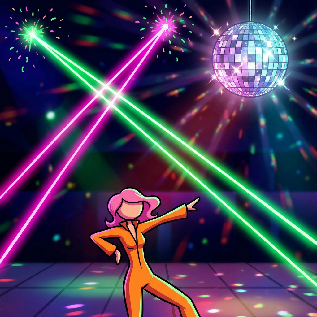 AI image generated of A simple, childlike scene with an orange stick figure on the ground beneath two crossing pink and green lines and a large black, basket-like shape in the sky.