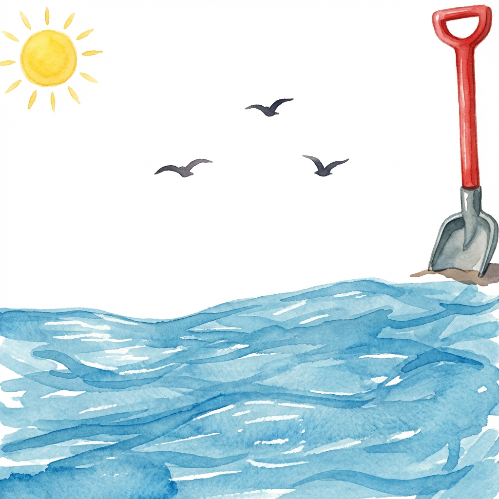 AI image generated of A sunny day over a blue, scribbly sea with a few birds in the sky and a tall pink structure at the shore.