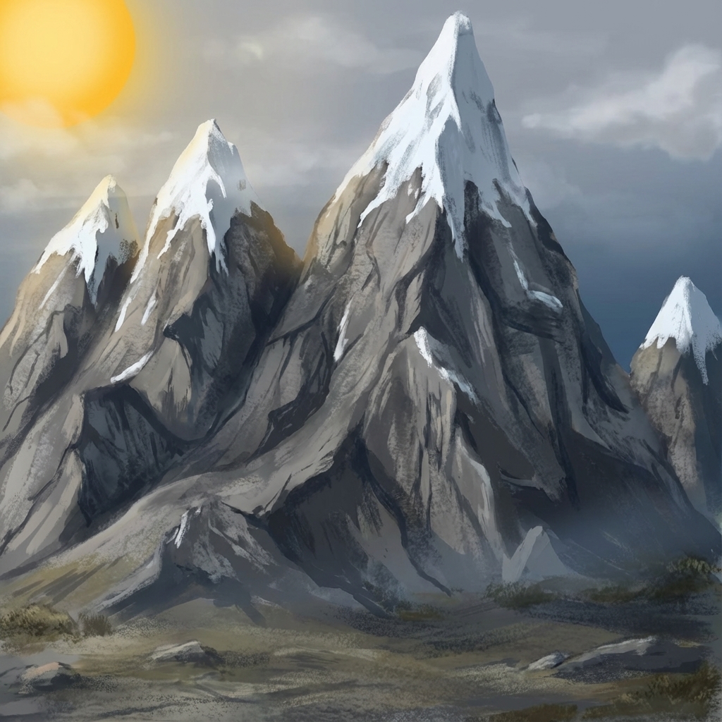 AI image generated of An abstract gray-blue sky backdrop with dark jagged mountain peaks, white snow patches on the slopes, and a yellow sun peeking in from the upper-left corner.
