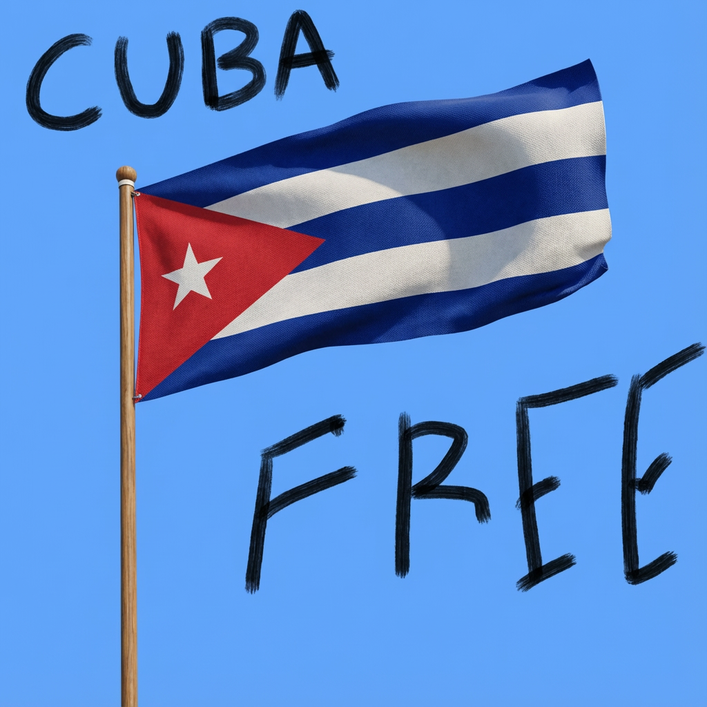 AI image generated of A rough, hand-drawn Cuban flag on a flagpole with the words “CUBA” and “FREE” written around it.