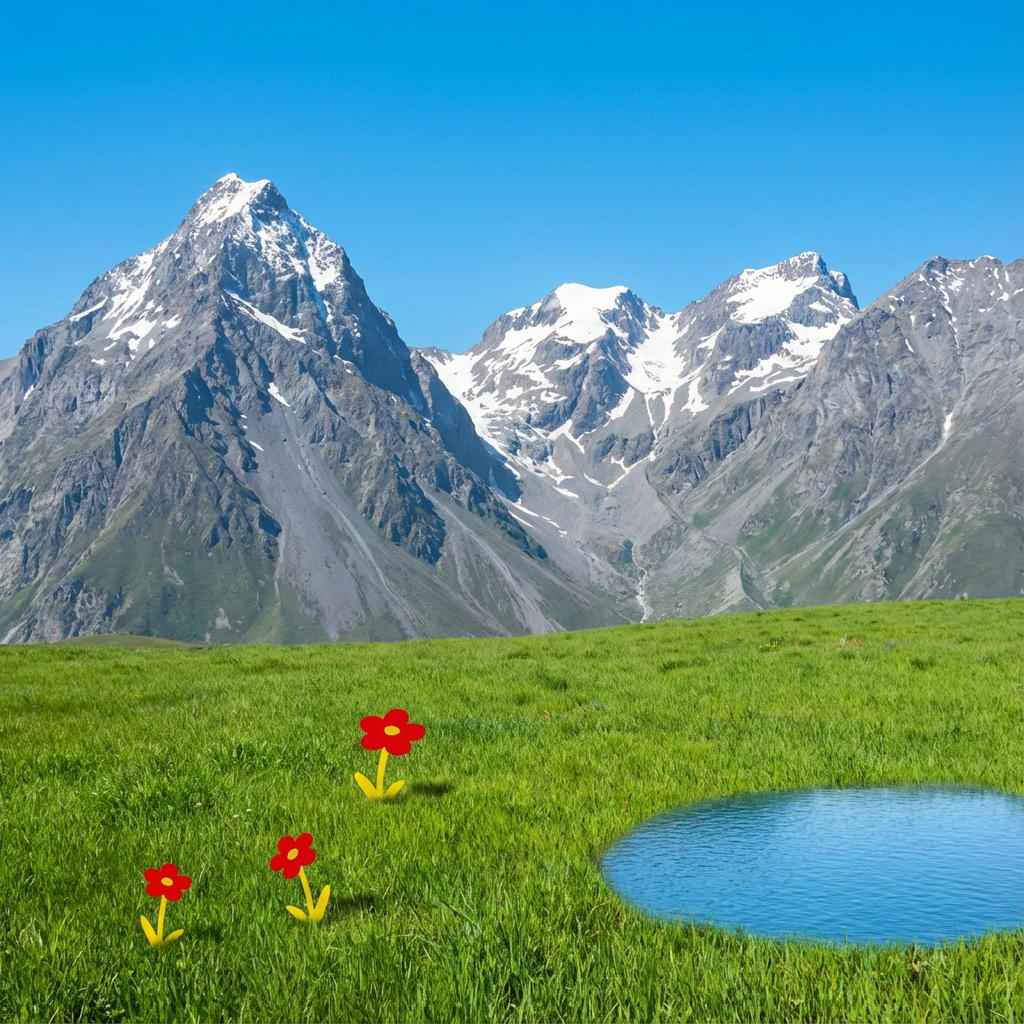 AI image generated of A bright, simple landscape with gray mountains under a blue sky, a green field dotted with pink flowers on yellow stems, and a small blue pond.