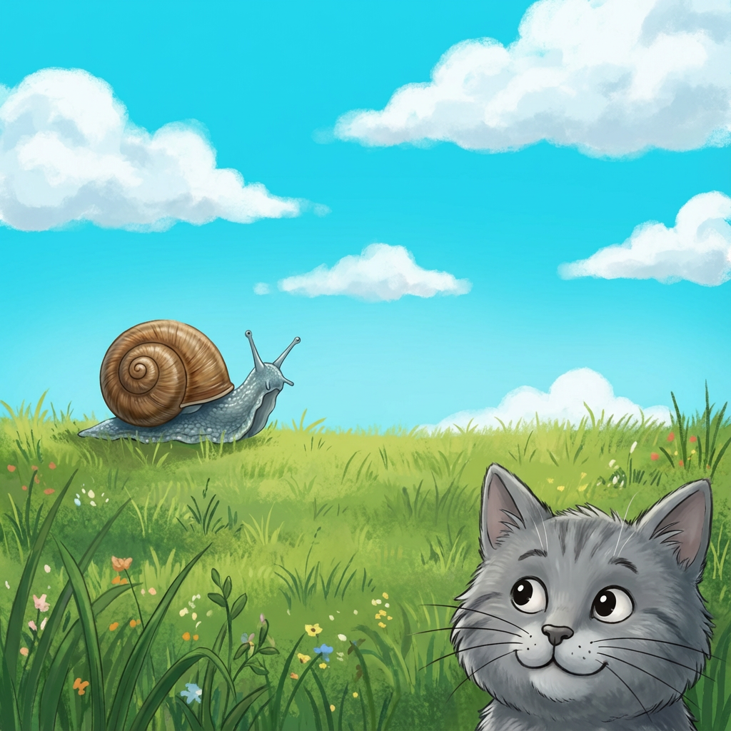 AI image generated of A simple, whimsical doodle showing a snail on the horizon of a bright lime-green field with a smiling, round-headed creature with pointy ears in the foreground beneath a blue sky.
