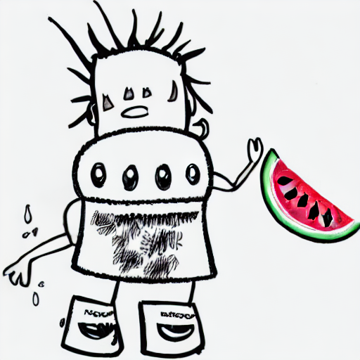 AI image generated of A drawing of a person with a head full of hair and a watermelon in the background.