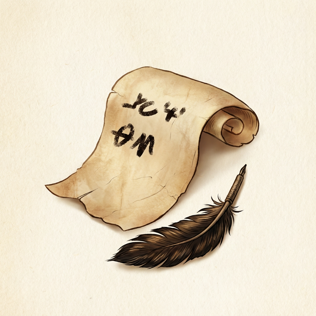AI image generated of A hand-drawn curling parchment scroll with some scribbled writing on its surface.