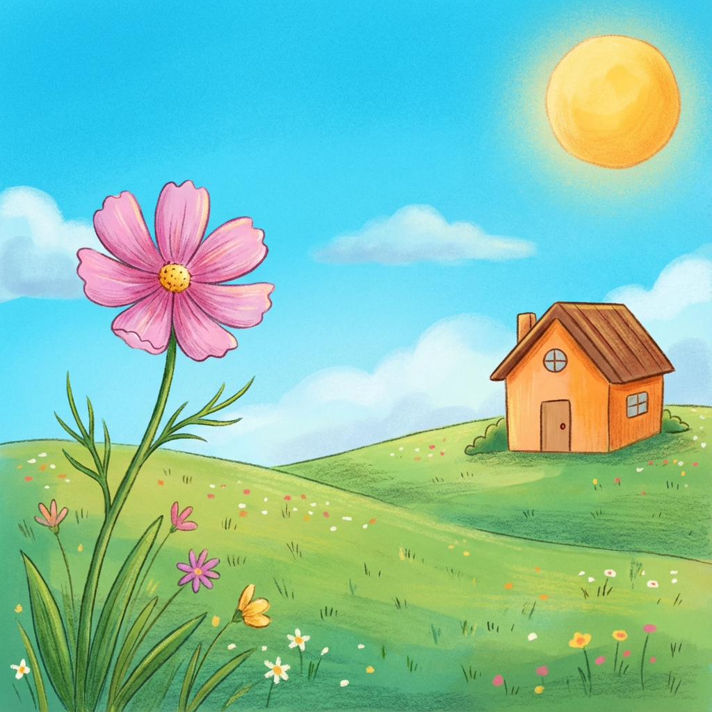 AI image generated of A simple bright landscape with a pink flower-shaped tree on green grass, a small orange house, and a yellow sun in a blue sky.