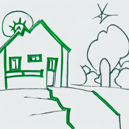 AI image generated of A green drawing of a house on a hill with a sun shining on it.
