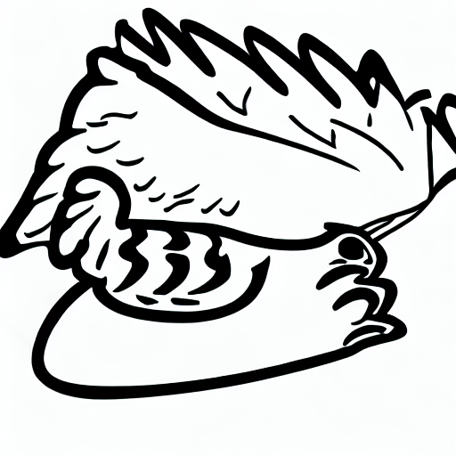 AI image generated of A black and white drawing of a bird with its wings open.