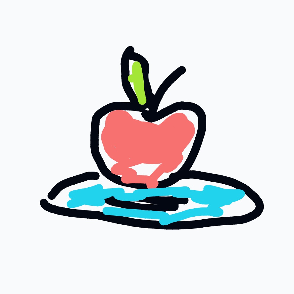 A pinkish-red apple with a green stem sits on a white plate accented with blue.