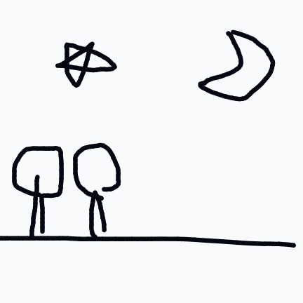 Two simple trees stand on a line of ground under a crescent moon and a star in the night sky.