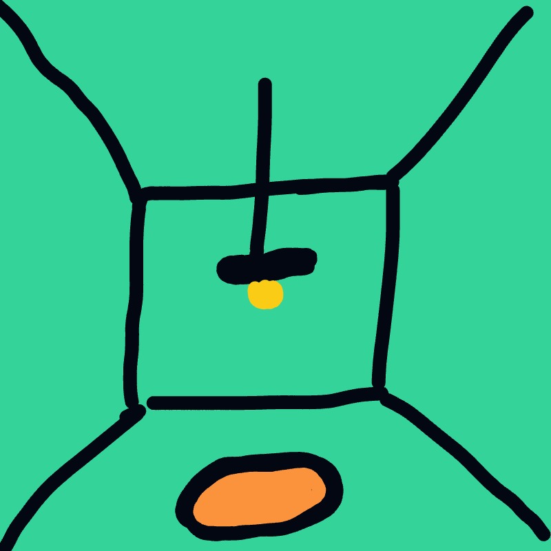An abstract, childlike figure: a square body with a vertical line through the center, long arms stretching to the sides, and a small yellow dot near the chest on a teal background.