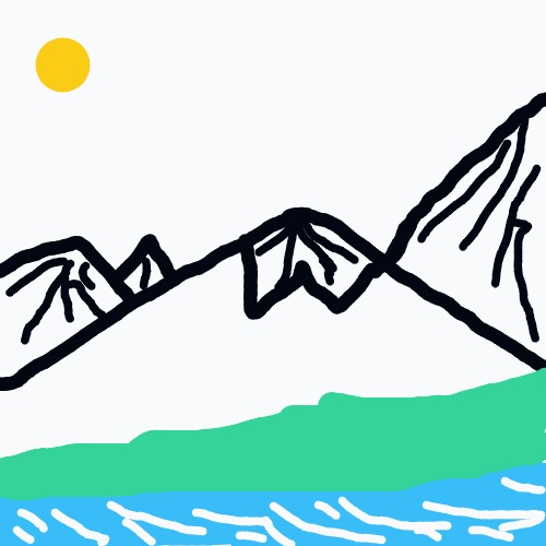 A simple landscape with a yellow sun, jagged black mountains, a green shoreline, and blue, wavy water.