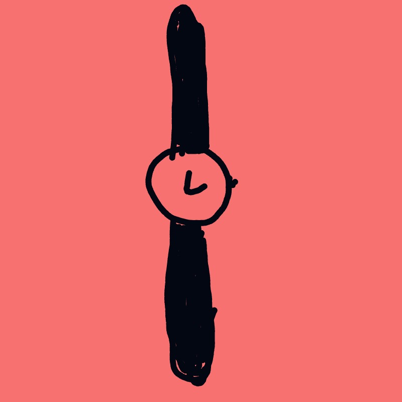 A simple abstract drawing featuring a tall black vertical bar with a circular ring around its middle against a pink background.
