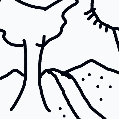 A simple black-and-white landscape featuring two trees in the foreground, a winding path or river, and a dotted hill in the background.