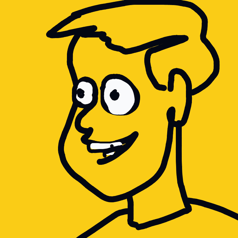 A bold, cartoonish portrait of a smiling man with oversized eyes and exaggerated features on a bright yellow background.