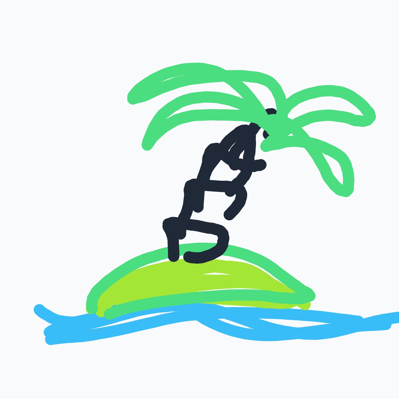 A small tropical island with a palm tree sits on a grassy mound, surrounded by blue water.