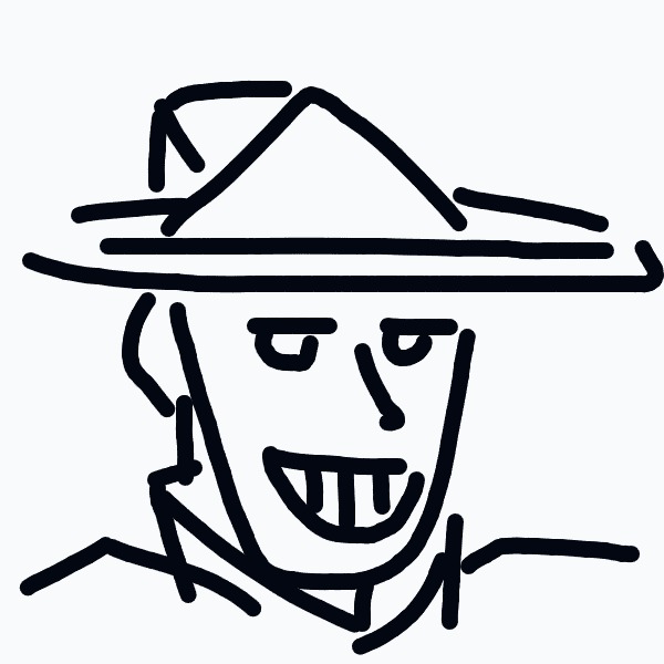 A cartoonish portrait of a person wearing a wide-brimmed hat with a big toothy grin.