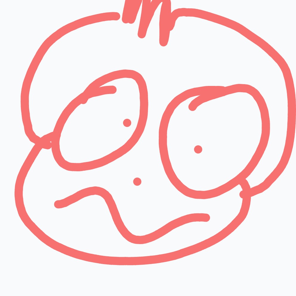 A red, round cartoon face with oversized eyes, a tiny nose, and a wavy mouth, giving a goofy/surprised expression.