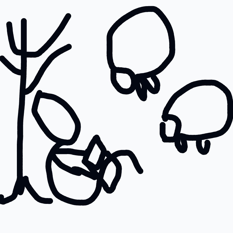 A person sits against a tree while three blob-like creatures hover nearby.