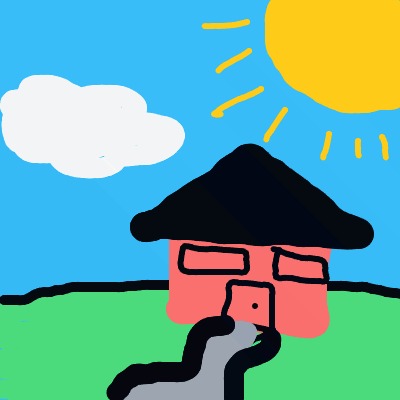 A simple childlike painting of a pink house with a black roof on a green field, a gray path to the door, a white cloud in a blue sky, and a bright yellow sun with rays.