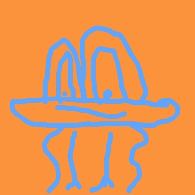 An abstract blue doodle on an orange background that resembles a person wearing a tall hat and standing on two legs.