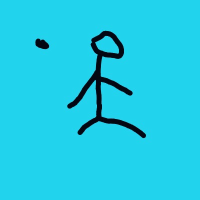 A simple black stick figure stands on a bright blue background, with a small black oval to its left.