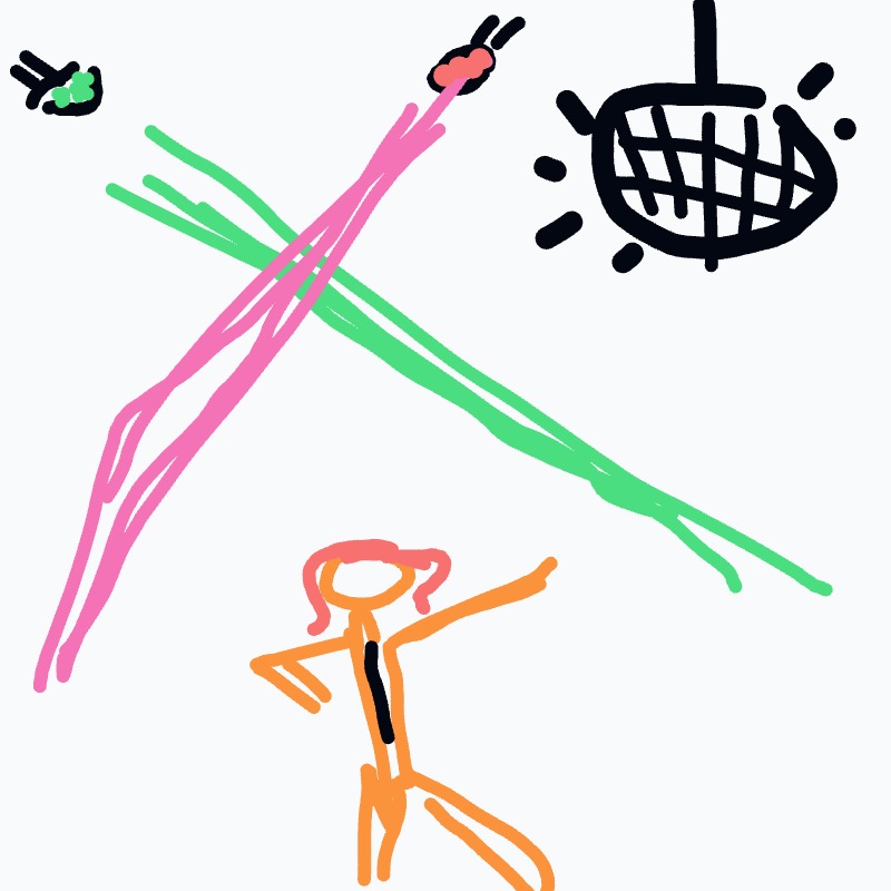 A simple, childlike scene with an orange stick figure on the ground beneath two crossing pink and green lines and a large black, basket-like shape in the sky.