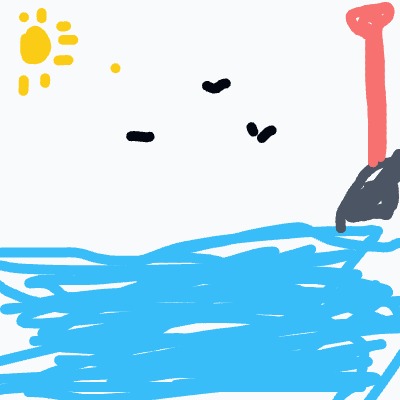 A sunny day over a blue, scribbly sea with a few birds in the sky and a tall pink structure at the shore.