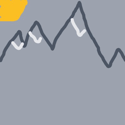 An abstract gray-blue sky backdrop with dark jagged mountain peaks, white snow patches on the slopes, and a yellow sun peeking in from the upper-left corner.