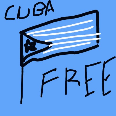 A rough, hand-drawn Cuban flag on a flagpole with the words “CUBA” and “FREE” written around it.