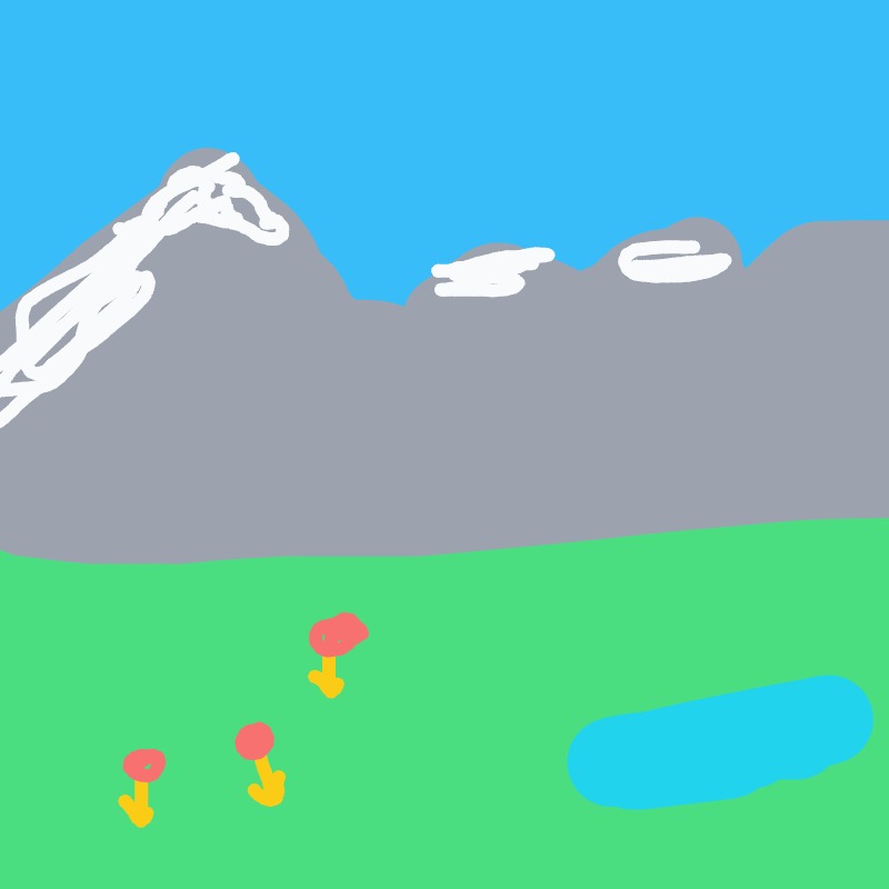 A bright, simple landscape with gray mountains under a blue sky, a green field dotted with pink flowers on yellow stems, and a small blue pond.