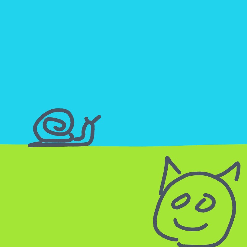 A simple, whimsical doodle showing a snail on the horizon of a bright lime-green field with a smiling, round-headed creature with pointy ears in the foreground beneath a blue sky.