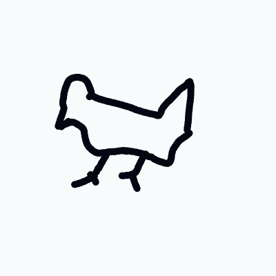 A black and white drawing of a chicken.