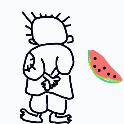 A drawing of a person with a head full of hair and a watermelon in the background.