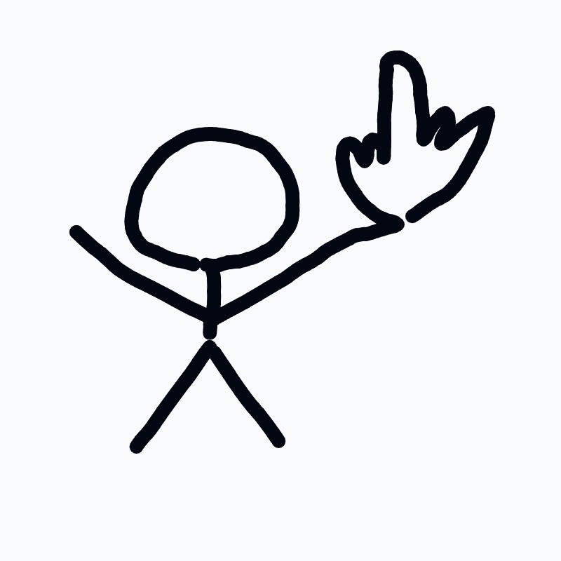 A black and white drawing of a person holding a finger up.