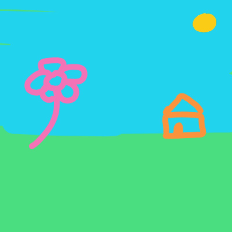 A simple bright landscape with a pink flower-shaped tree on green grass, a small orange house, and a yellow sun in a blue sky.