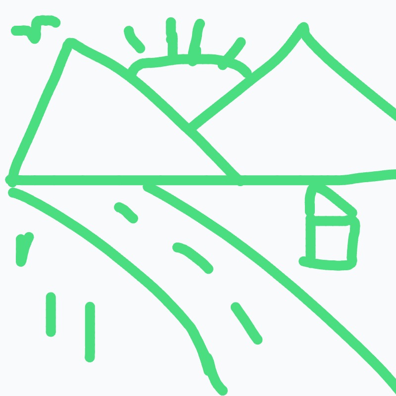 A green drawing of a house on a hill with a sun shining on it.