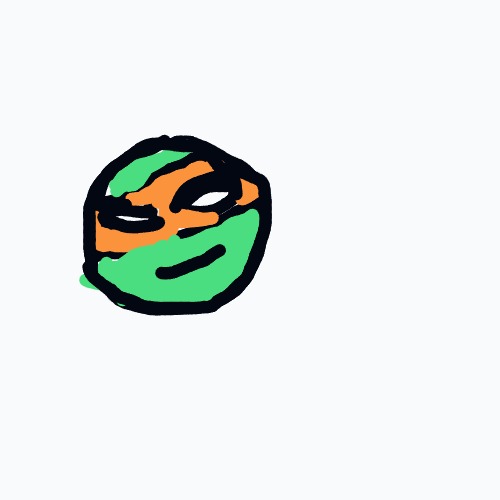 A cartoon drawing of a green and orange face with a green bandana.