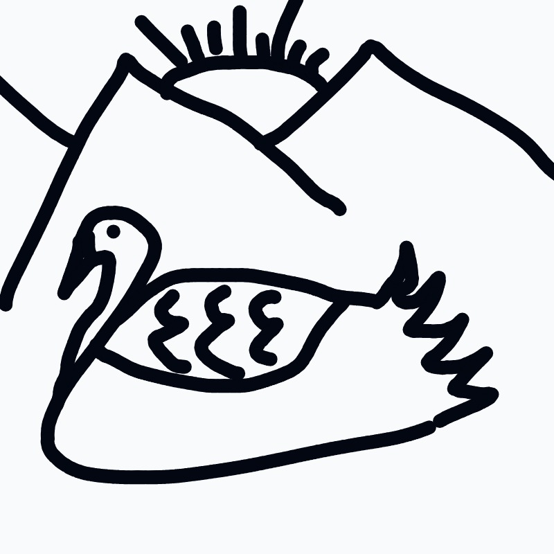 A black and white drawing of a bird with its wings open.